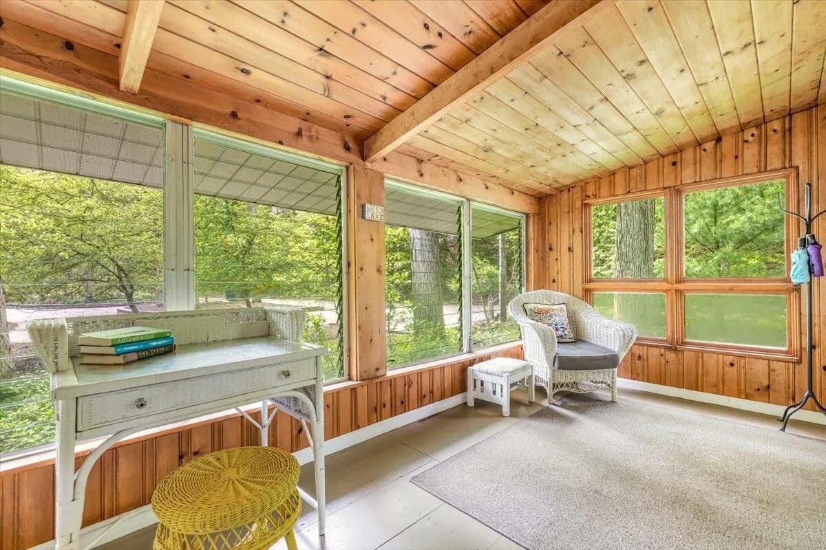 Living Room with Exposed Beam Ceiling