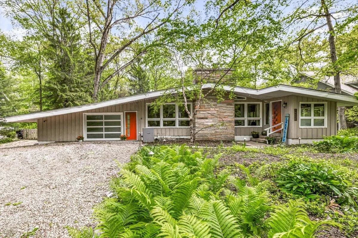 Mid-Century Modern House Front Entrance with Red Door